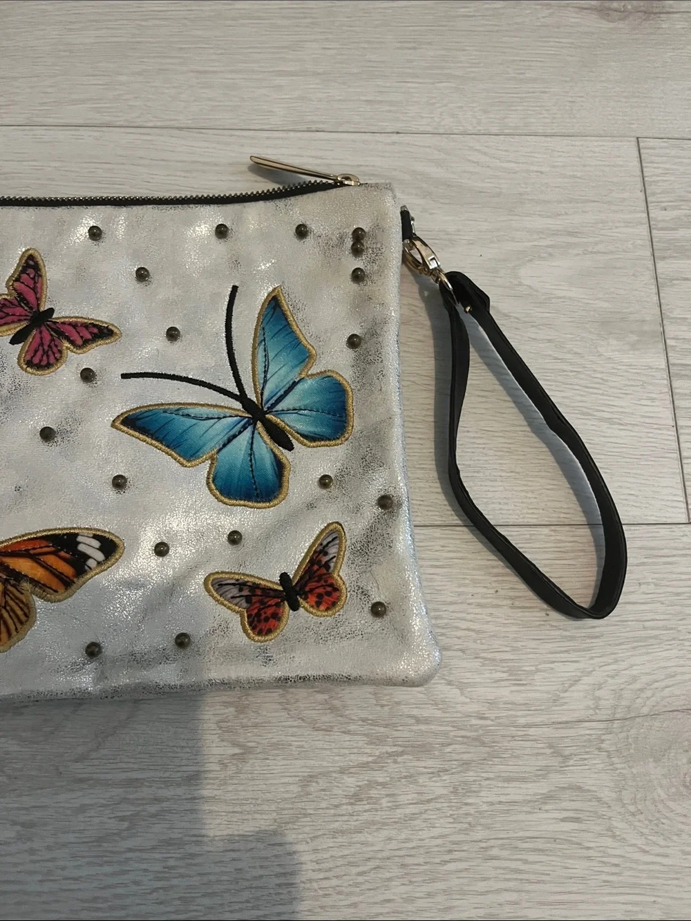 Butterfly Embroidered Silver Wristlet Pouch